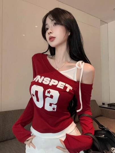 不对称领撞色长袖T恤，甜美性感少女印花修身女式衬衫，春夏款