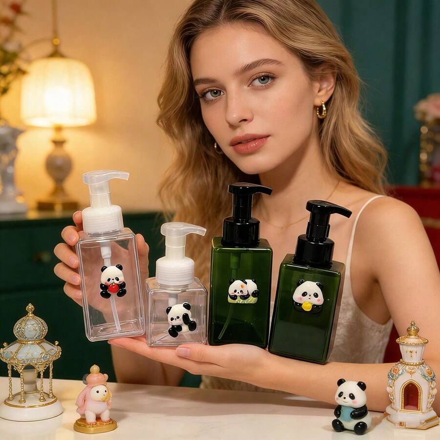 High-Quality 3D Cartoon Panda Style Transparent Pump Bottle, Portable Travel Shower Gel/Shampoo Foaming Dispenser, Skincare Refillable Container - Green - View 1