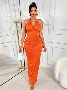 AIJ Elegant Women's Deep V-Neck Knit Sleeveless Bodycon Split Maxi Dress, Suitable For Party Wear Summer - Orange - View 3