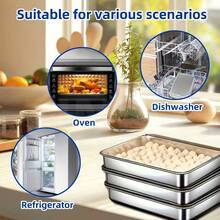 3-Piece Stainless Steel Food Storage Container Set - Leak-Proof, Reusable, Dumpling Plate, Food Storage Container, Baking Tray, Stackable Kitchen Storage Boxes, Suitable For Fruits, Meats, And Vegetables, Ideal For Outdoor, Camping, And Home Use, Easy To Clean, Stackable Kitchen Storage Containers, Suitable For Refrigerators - Multicolor - View 7