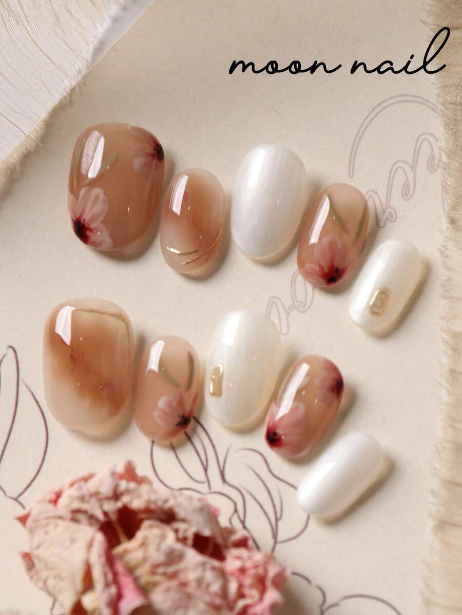 10片装美甲贴片，浅棕色晕染粉色花朵白色美甲贴片，短指甲假指甲，人造指甲套装，包含1张粘性贴片和1个迷你指甲锉。 - 彩色 - 查看 1