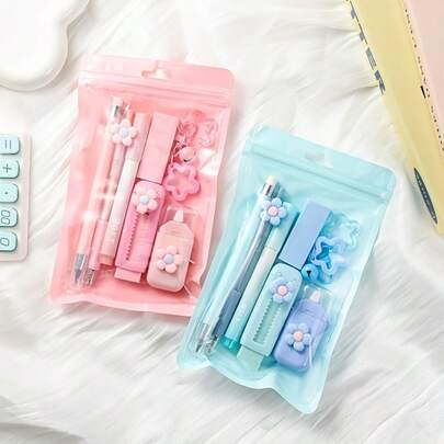 Seven-In-One Multi-Functional Stationery Set - Four Colors To Choose From, Enhancing Your Office Experience. Includes A Push-Pull Eraser, Highlighter Pen, Ballpoint Pen, And Other Various Tools. The Ideal 7-Piece Stationery Set For Creative Individuals!