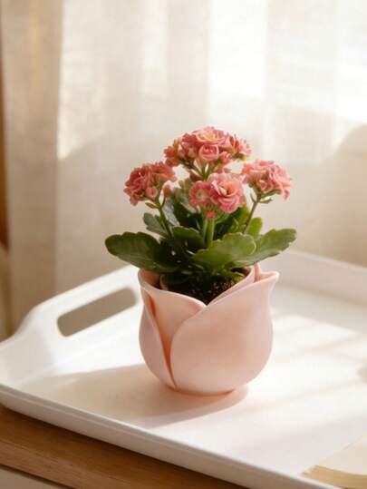 1pc Rose Flower Pot - 3D Printed Plastic Material, Red/Pink Rose, Soft Focus Petal Details, Drainage Planter, Suitable For Vintage Desk, Balcony, Succulent Planting, Mother's Day Decor Gift, Valentine's Day Couple Desk Decor, Balcony Decoration