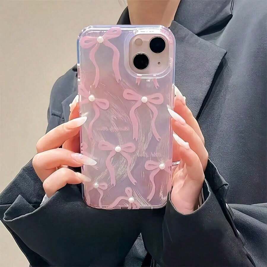 1pc Elegant Bow Knot Pearl Flat Print Acrylic Feather Soft Edge Hard Back Phone Case, Suitable For Apple 17 16 15 14 13 12 11 XS XR X 8 7 Plus Pro Max Series, Personalized INS Style Protective Cover, Fashionable Minimalist Full-Body Anti-Fall Business Phone Case, High-End Aesthetic - Multicolor - View 1