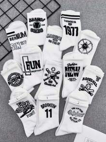 10 pares de calcetines de tripulación blancos con estampado aleatorio de letras y números, calcetines deportivos de moda unisex - Blanco - Ver 4