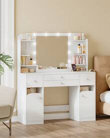 HaluPeit Vanity Desk With HD Mirror And Led Light, Makeup Vanity With Power Strip, 42.5'' Large Tabletop, Dressing Table With 4 Drawers, 2 Open Storage Cabinets, With Jewelry Storage, White - 白色 - 查看 5