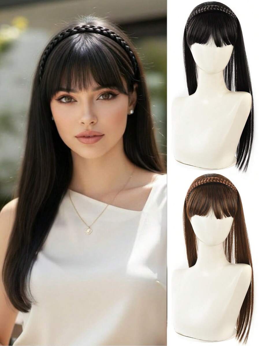 Synthetic Fiber Straight Long Hair Wig With Bangs, Braided Style, Headband, One-Piece Clip-On Hair Extension, 18-Inch Half-Head Wig, Natural And Invisible Hair Volume Enhancement, Suitable For Women's Daily Wear And Parties. Hairband Diadema Hair Hoop - Multicolor - View 1