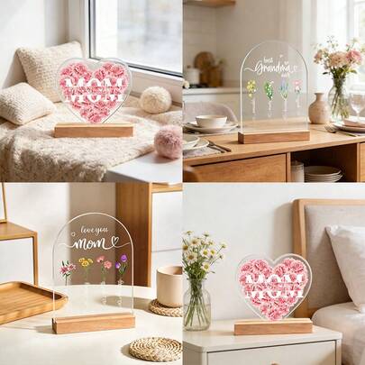 1件亚克力波西米亚风桌面摆件，带木质底座，用途广泛，适用于家居、客厅、卧室、办公室、咖啡厅装饰，是母亲节的理想礼物，也是母亲节家居装饰的完美之选。