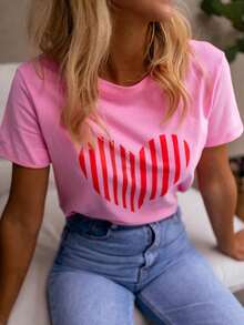 Women's Heart Print Round Neck Short Sleeve Casual Versatile T-Shirt, Spring/Summer - Pink - View 1