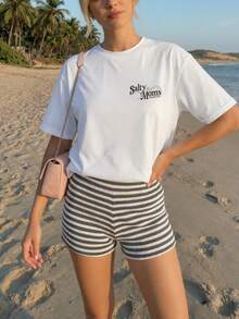 Ensemble 2 pièces T-shirt blanc à manches courtes + Short rayé noir & blanc pour femmes, style élégant et décontracté pour vacances à la plage, été - Blanc - Voir 6