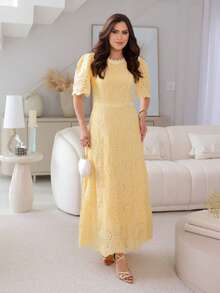 Josiane Modesto Maxi Midi Dress In Cotton Embroidered With Guipure Lace And Back Zipper – Elegant And Delicate - Yellow - View 4