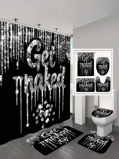 4件套黑色水晶泪滴形浴帘套装，含挂钩，包括浴帘、防滑浴垫、U型马桶盖套、马桶座套，卧室/家居装饰、浴室装饰及配件，完美礼物