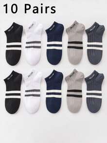 10 件/5 双男童青少年袜子，竖条纹和双条图案踝袜，适合休闲鞋，节日礼物 - 彩色 - 查看 12