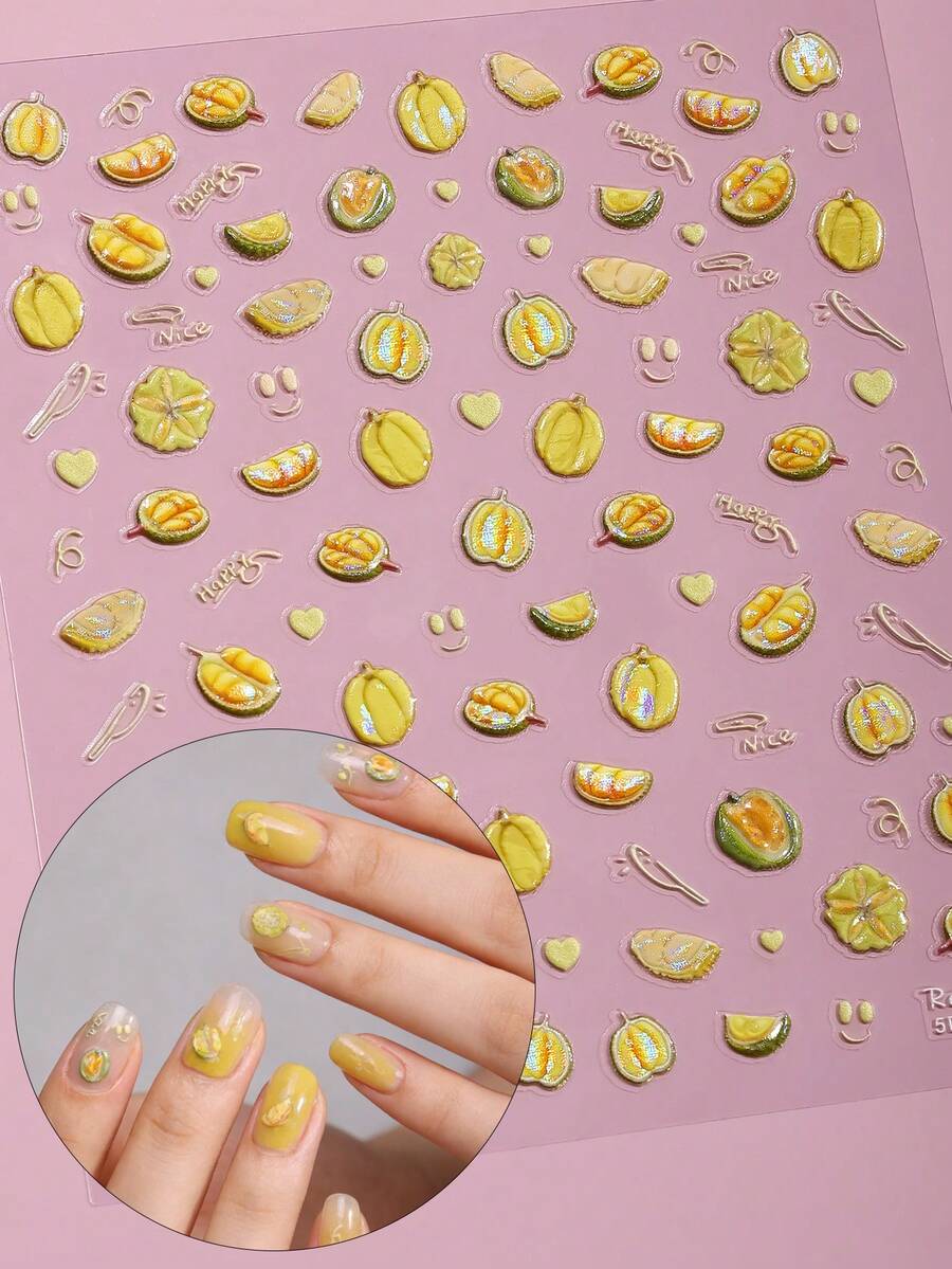 1 pezzo Adesivi per unghie 5D in rilievo a forma di durian giallo, stile dolce e carino, decalcomanie per unghie per uso fai-da-te a casa delle donne - Giallo - Visualizzare 1