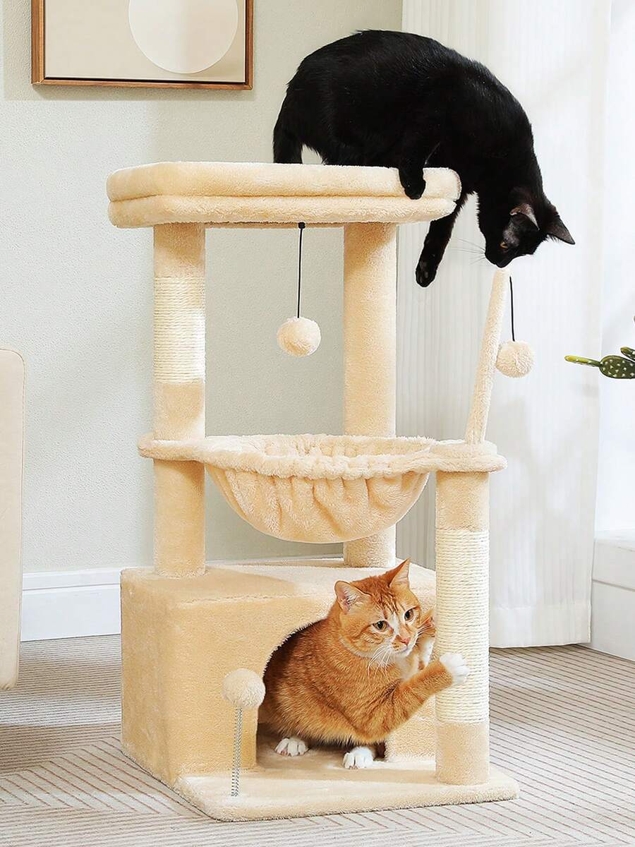 PAWZ Road 33'' Cactus Cat Tree, Cat Tower For Indoor Cats With Large Cat Condo, Cat Scratching Post For Cats With Deep Hammock& Cozy Top Perch, Beige - 米色 - 查看 1