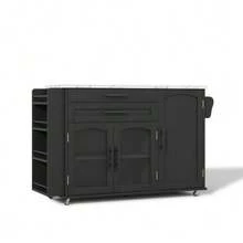 Mobile Kitchen Island With Foldable Work Surface, Kitchen Trolley, 5 Wheels, Multiple Storage Solutions, Spice Rack, Cutlery Drawer, 120 X 45 (70) X 90 Cm - 黑色 - 查看 6