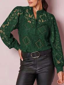 女士优雅半开领绿色蕾丝长袖衬衫，喇叭袖，纯色，轻薄透气，带口袋，适合办公室穿着，春秋季度假夏季穿着 - 綠色 - 查看 4