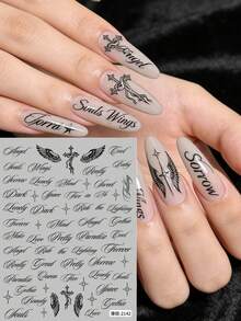 2 piezas Pegatinas de uñas con alas de ángel, cruz y estrella en estilo gótico y caligrafía inglesa oblicua, decoraciones de arte de uñas con estilo Y2K - Negro - Ver 6