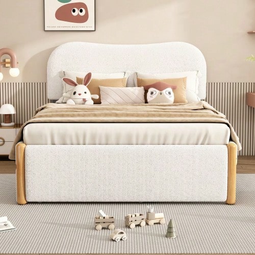 140*200cm Flachbett, gepolstert, mit praktiska ausziehbares Rollbett, minimalistisk Formgebung, vit - Vit + Plysch + 140 cm * 200 cm - Visa 1