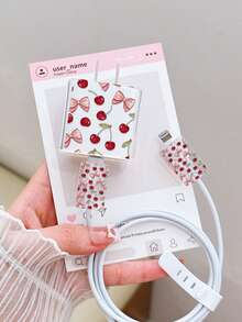 4 件套甜美蝴蝶结樱桃充电线保护套 - 20W/18W 充电器适配器，适配器头保护套，兼容 11/12/13/14/15/16/13 Pro Max/16 Pro Max/17 Pro Max - 彩色 - 查看 1