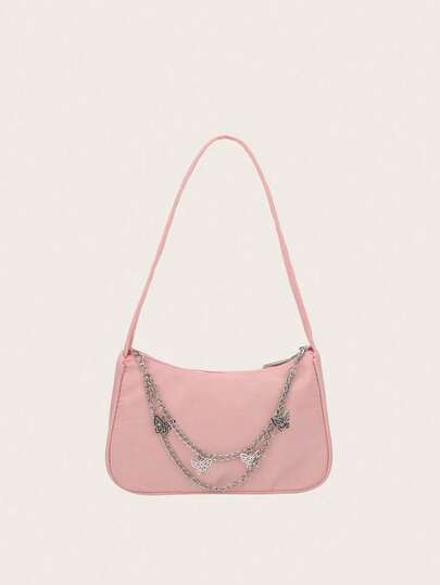 1 Pc Solid Color Butterfly Chain Decoration Shoulder Bag , Stylish HandBag, Lightweight Purse,Zipper Underarm Bag,Ideal For Girls, Students, Young Ladies, Perfect For Daily Use, Casual Outings, Shopping Trips, Holiday Gatherings ﻿