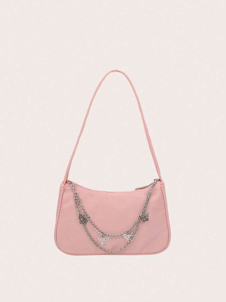 1 件纯色蝴蝶链条装饰单肩包，时尚手提包，轻便钱包，拉链腋下包，适合女孩、学生、年轻女士，完美适用于日常使用、休闲外出、购物旅行、节日聚会。 - 粉色 - 查看 1