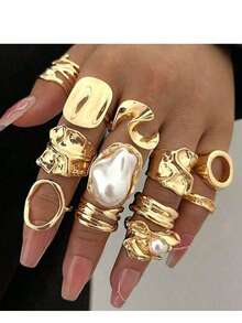 Set de 12 anillos asimétricos para mujer, juego de anillos de nudillo chapados en oro de lujo - Amarillo Oro - Ver 2