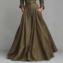 Vestidos Elegantes Para Fiesta Dress For Women Casual Long Sleeved Dress Shirt Dress Elegant Collared Button Down Maxi Dress, Linen Textured A-Line Dress With Pockets, Ideal For Office, Vacation & Casual Daily Wear - 軍綠色 - 查看 5