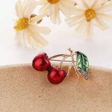 Vintage Elegant Cherry Shaped Brooch With Rhinestone Decor, Fashion Accessory For Women - Red - View 3