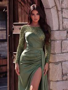 Faeriesty 女士优雅圆领晚礼服，饰有亮片，长袖，高开衩设计，修身剪裁，适合盛大晚宴、婚礼、红毯活动、春季派对等正式场合。 - 橄欖綠 - 查看 8