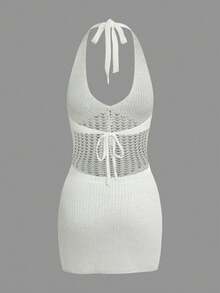 女士优雅镂空针织露背系带沙滩罩衫连衣裙，女士度假装，女士情人节装，夏季装，女士沙滩装，女士邮轮装，女士假日装，夏季度假装，夏季，女士装，沙滩装，性感罩衫连衣裙，沙滩服饰，休闲沙滩罩衫连衣裙 - 白色 - 查看 7