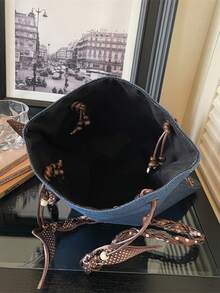 Women's Denim Tote Bag, Large Capacity Shoulder Bag, Vacation Scarf, Blue - Blue - View 5