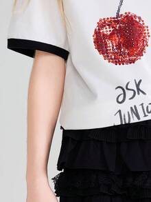 ASK JUNIOR 2026夏季少女短袖T恤，水钻装饰半袖圆领撞色上衣 - 白色 - 查看 10