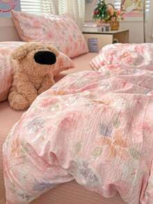 2/3pcs Pink Flower Printing, Super Soft, Student Sushe,Sweet And Lovely Girl, Student, Washed And Sanded Quilt Cover Pillowcase Set In Spring And Summer Twin Queen King - Watermelon Pink - View 8