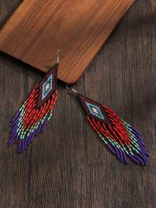 一对手工串珠耳环，波西米亚风长流苏，夸张的几何菱形图案，渐变多色鲜艳的红蓝配色，女士个性化耳环，夸张造型，适合日常、度假、派对、节日佩戴。 - 紅色流蘇耳環 - 查看 5