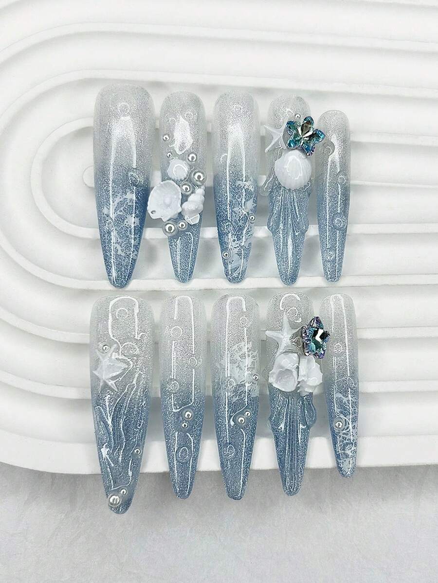 10片夏季蓝色海洋美人鱼椭圆形手工按压式美甲贴片,珍珠海星美甲,闪亮猫眼假指甲,适合海滩佩戴,(1张果冻贴纸+1个指甲锉) - 淺藍色 - 查看 1