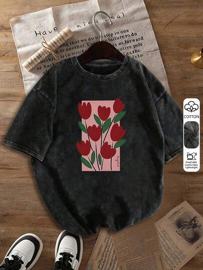 Plus Size Women's Interesting Pattern Round Neck Short Sleeve T-Shirt, Affordable Price, Minimalist Style, Suitable For Holidays And Parties. Rose Print, Breathable And Comfortable, Retro Casual, Elegant And Versatile, Cartoon Letter Design, Perfect Choice, Round Neck Design, Multifunctional Top, Comfortable For Daily Wear Black