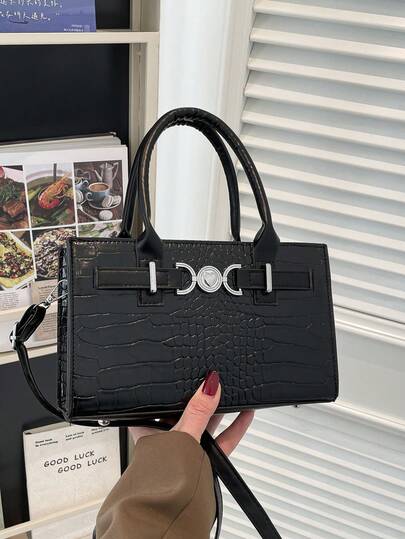 Minimalist Commuter Chic Crocodile & Leopard Print Handbag, PU Vintage Motorcycle Shoulder Crossbody Shopping Tote Bag For Women