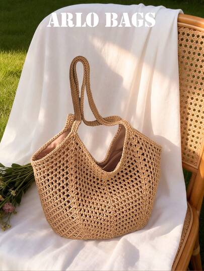 Korean Style Crochet Bag, Mesh Bag For Women, Vacation Beach Bag, Hand-Woven Hollow Design, Single-Shoulder Tote, Large Bag, Solid Khaki Color, Crescent-Shaped Bag, Strong Magnetic Buckle Closure, Top Double Shoulder Straps, Suitable For Women Going Out Shopping, Traveling, Daily Use, Etc.