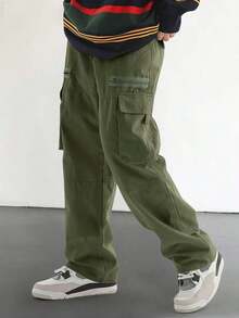 Men's Loose Fit Flap Pockets Cargo Pants, Plain Long Baggy Pants, For Husband, Boyfriend Gifts, For Fall - 軍綠色 - 查看 5