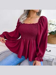 Long-Sleeved Chiffon Blouse With Ruffles And Square Neckline | Casual Style, New Spring/Summer Collection - 酒紅色 - 查看 5
