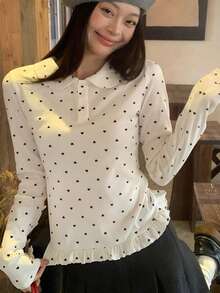 Áo thun dài tay cổ Peter Pan họa tiết chấm bi hình trái tim, hàng mới về mùa Xuân/Hè, kèm áo lót viền bèo nhún. - trắng - Xem 8