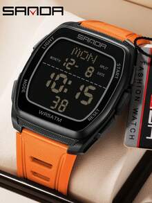SANDA 9080 时尚男士电子表，多功能闹钟，夜光，防水，防震，运动休闲手表 - 橘色 - 查看 2