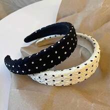 Fashionable Polka Dot Black & White Pleated Chiffon Headband, Thick & Elevated Crown Design To Slim Round Face, Cute & Elegant Korean Style Twisted Headband, Daily Wear Hair Accessory Hairband Hair Hoop - Multicolor - View 3