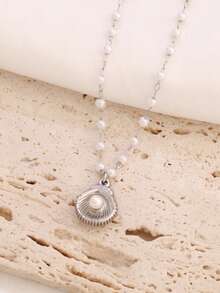1pc Stainless Steel Pearl Shell Pendant Necklace For Women Fashion Simple Elegant Pearl Beads Necklaces Jewelry - Necklace - View 3