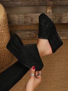 Soft & Breathable Closed Toe Hemp Rope Fashionable Lightweight Wedge Slide Sandals For Women - Black - View 3