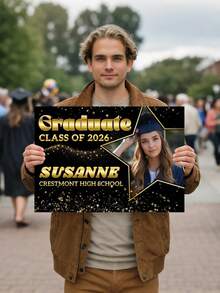 Customized Graduation Backdrop Fabric, Black & Gold Themed Printed Poster With Customizable Class Name. 2026 Graduation Banner - Black & Gold Background, Personalized Graduation Lawn Sign With Photo, Double-Sided Waterproof Sign, Graduation Party - Multicolor - View 5