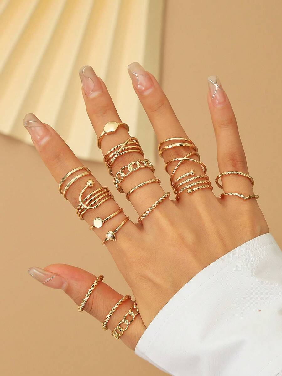 18件套简约金属光滑指节戒指，优雅设计，女士适用 - 金色 - 查看 1