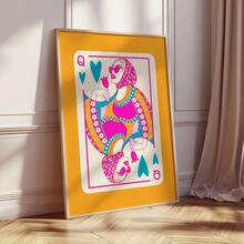 1pc Frameless Queen Of Hearts Card, Colorful Preppy Y2K Print, Pink & Orange Art Poster, Boho Wall Decor, Girly Dorm Art, Retro Funky Wall Art, Vintage Chic Poster For Living Room - Playing Cards - View 5