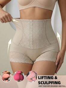 High-Waisted Beige Lace Panties. Butt-Lifting Compression, Seamless, Lightweight. - Apricot - View 6